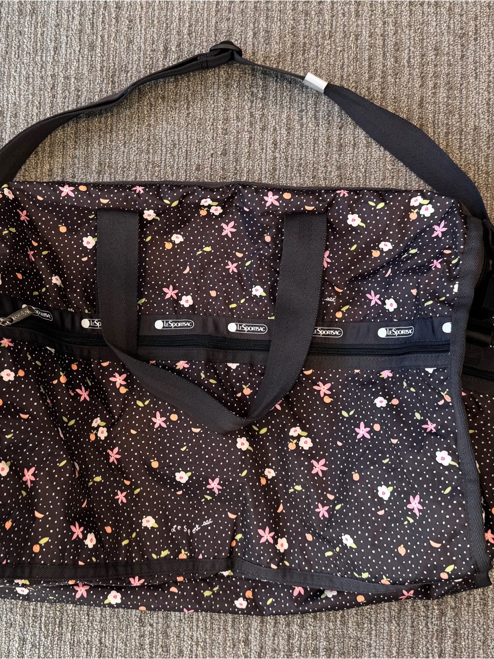 Lesportsac Black Floral Travel Duffel with Pink & Cream Accents NEW